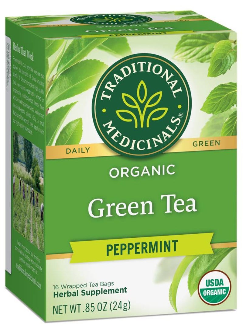 Traditional Medicinals Organic Green Tea Peppermint, Herbal Supplement, Caffeine Free, 16 Tea Bags 24grams Pack of 16 - Image 1